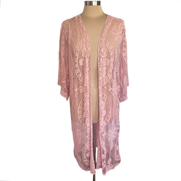 Light Pink Lace Kimono Duster Length XXL-XXXL Bohemian Cottagecore Romantic - Picture 1 of 7